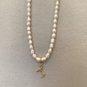 NEW IN BOX The M Jewelers 18k “J” Bamboo Initial Pearl Necklace